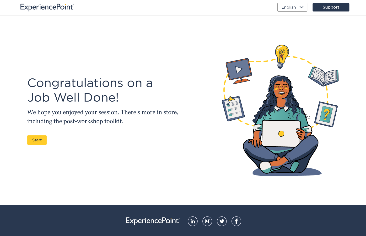 sample screen congratulating the participant on a job well done with an illustration of a happy woman. 