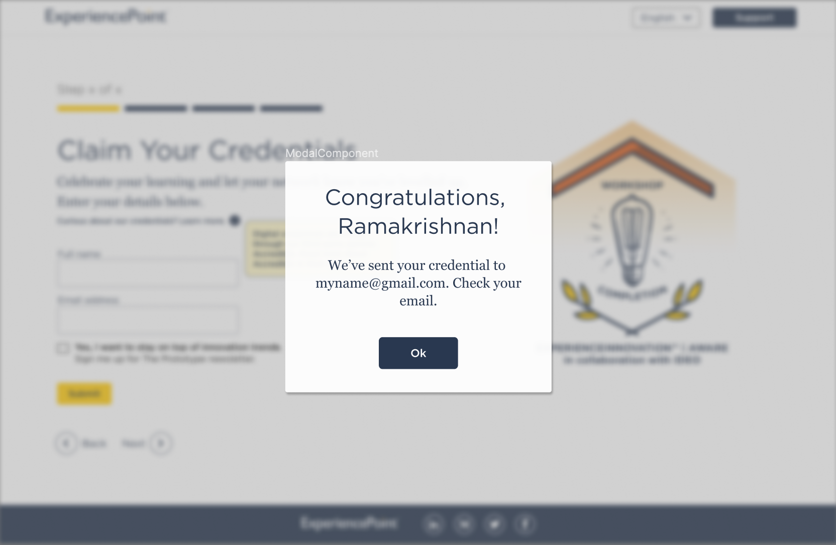 sample screen with an overlay congratulating the user for signing up. 