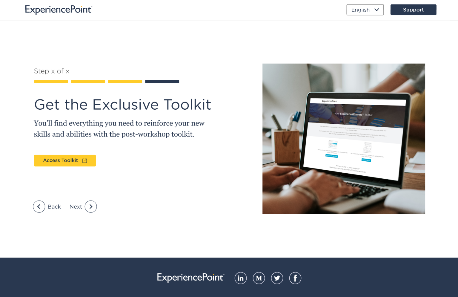 Sample screen instructing the user to get the exclusive post-workshop toolkit. 